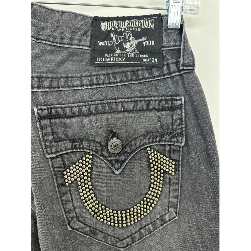 True Religion Ricky Straight Leg Studded Jeans Mens 32 Faded Black MQ6859J02 USA